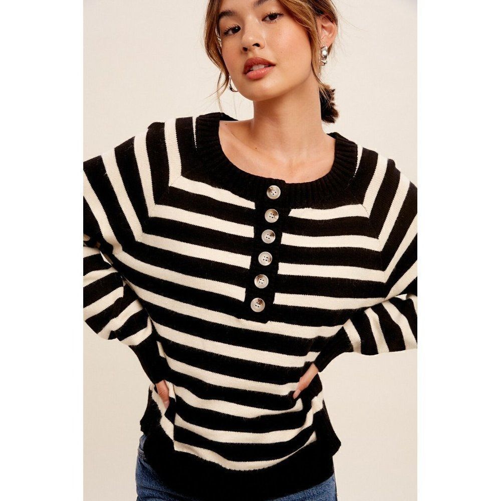 sale! LISTICLE Stripe Sweater Cozy Top Black and White w/ Buttons S-L LJ0212